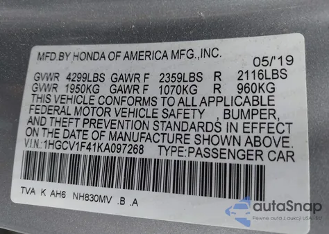 2019 Honda Accord Ex z USA, uszkodzony, nr VIN 1HGCV1F41KA097268